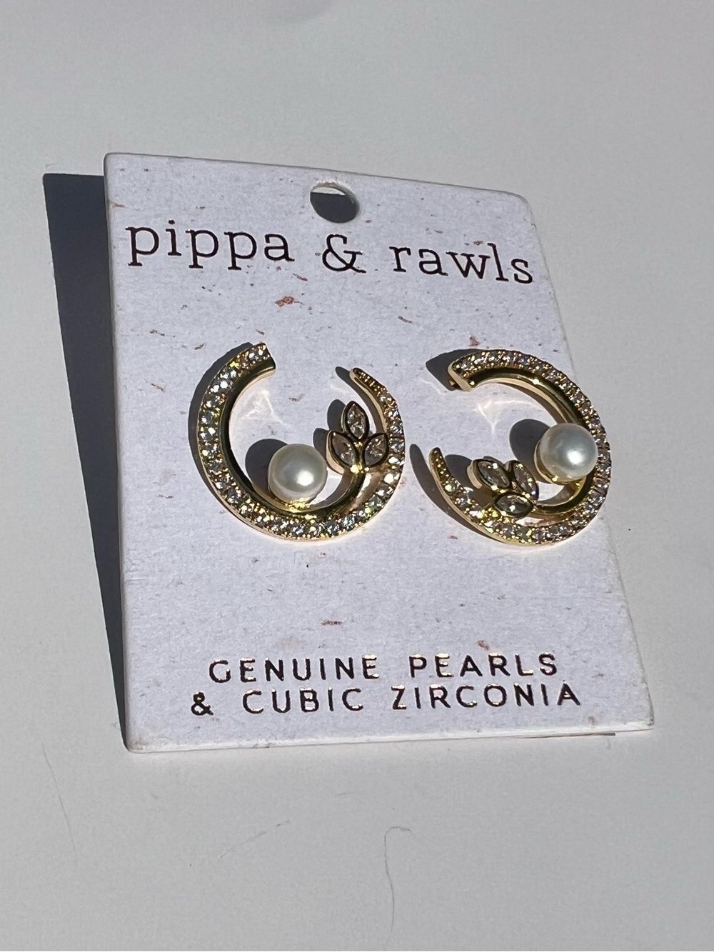 Gold Pearl Crescent Stud Earrings with Cubic Zirconia